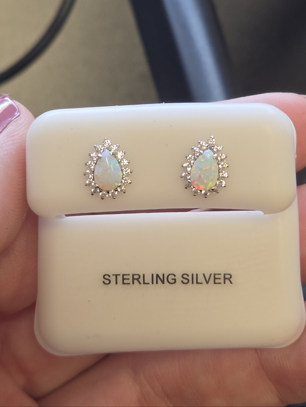 925 Sterling Silver White Fire Opal Teardrop Earrings with Baguette Accents